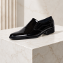 Pantofi barbati negri lac din piele naturala fara sireturi cu talpa neagra GKR818ELN